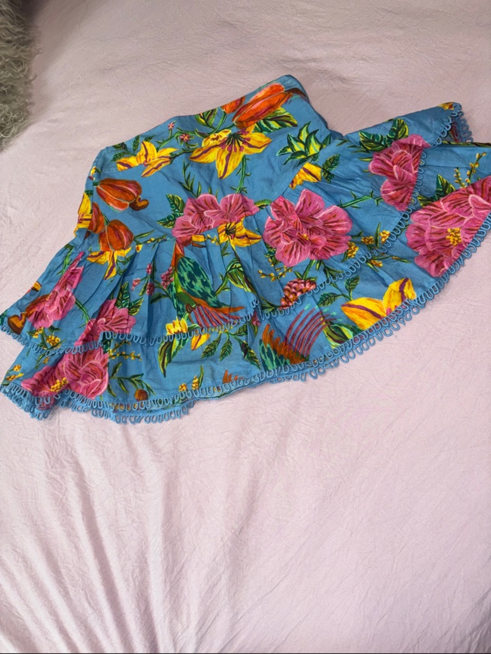 FARM Rio Blue Floral Ruffled Skirt with Pink & Yellow Blooms